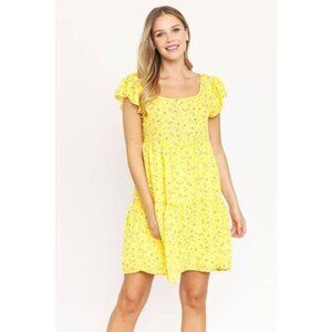 Yellow Floral Ruffle Sleeve Sundress - XL Women's Summer Casual Dress - Square N